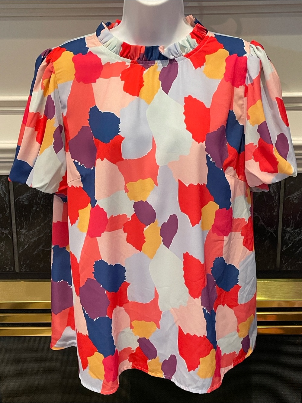 Abstract Print Ruffle Collar Smock Style Top